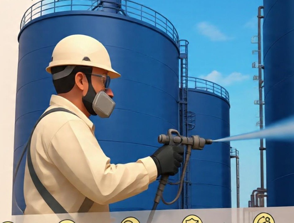 Applicator spray-coating large blue storage tanks
