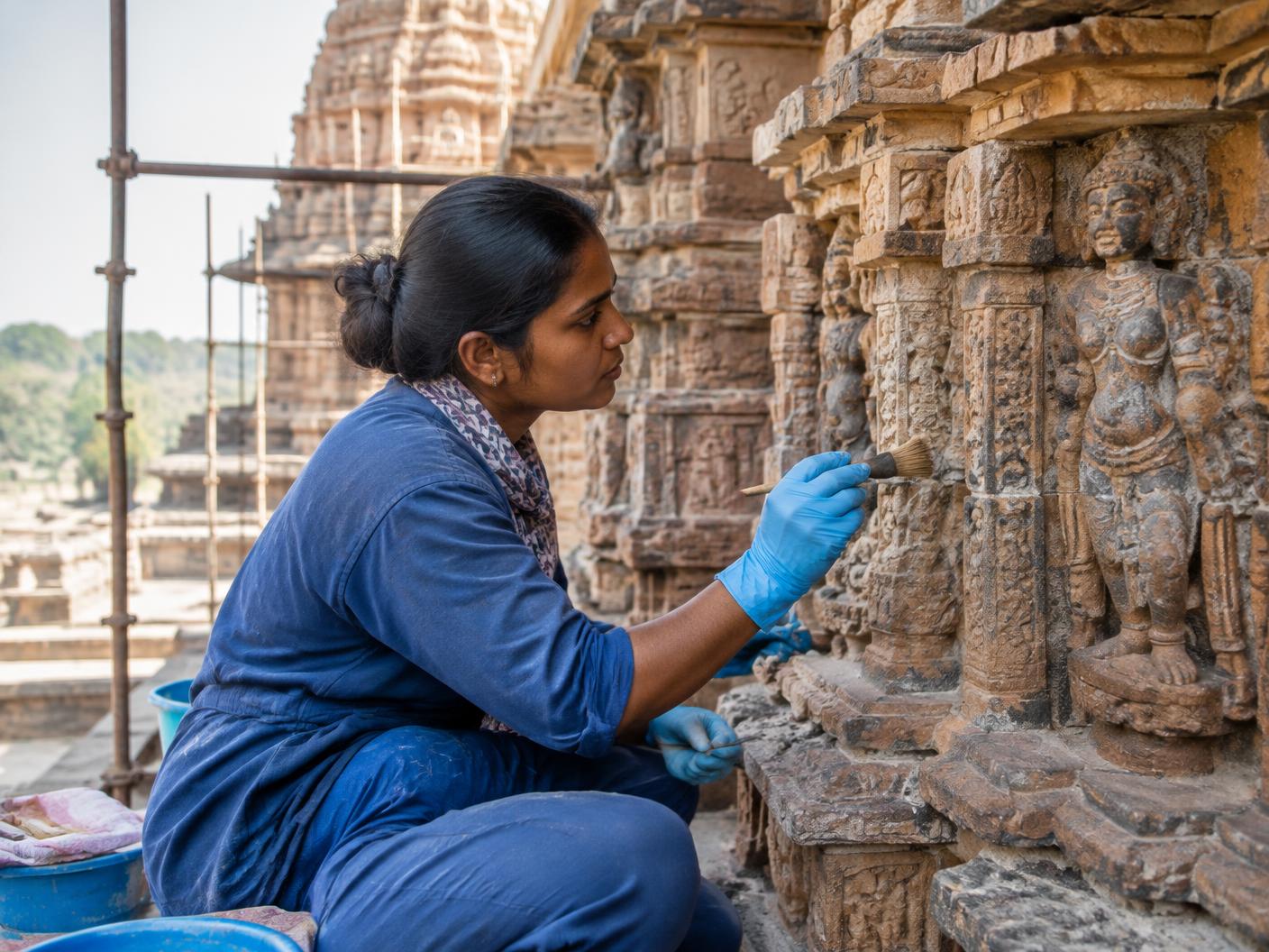 Specialist restoring carved stone on a historic Indian temple