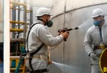 Applicators in protective suits spray-coating a large industrial tank