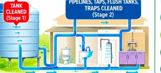 Diagram: stage 1 tank cleaned, stage 2 pipelines, taps, flush tanks and traps cleaned